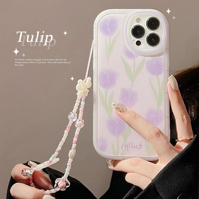 MUQGEW Handyhülle mit Tulpenblumen-Design und Handschlaufe-Kette für iPhone, stoßfeste Schutzhülle in Multicolour - Bild 1