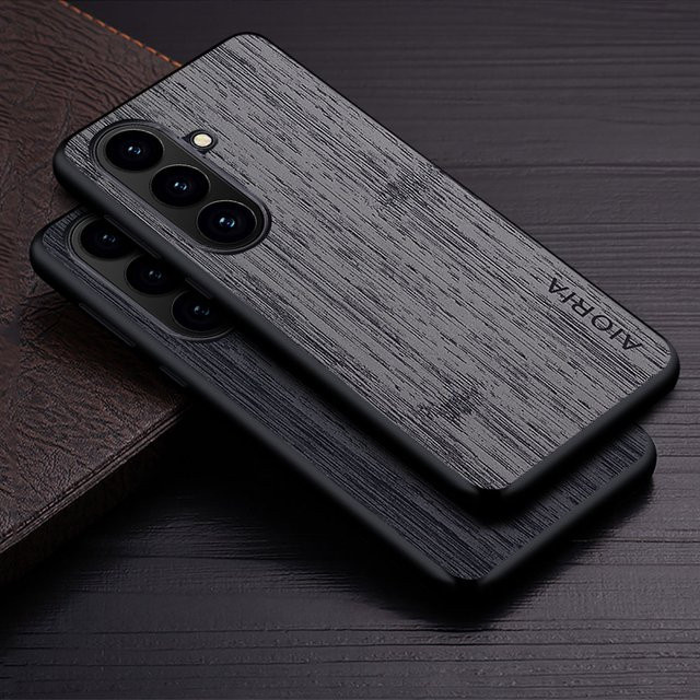 Luxus Handyhülle aus Leder mit Bambus-Holzmuster für Samsung Galaxy S26 Plus Ultra Edge Pro in Braun und Grau - Bild 1