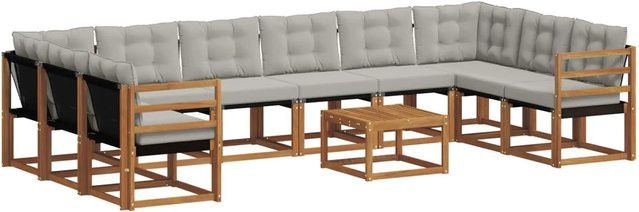 vidaXL Outdoor-Sofagarnitur 11-tlg. aus massivem Akazienholz und Textilene in Natur und Hellgrau mit Kissen - Bild 1