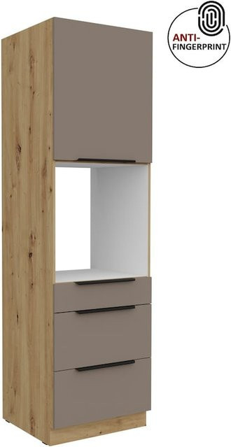 Küchen Hochschrank ARIA Sandgrau matt mit 3 Schubkästen und offenen Regalfächern, Breite: 60 cm - Bild 1