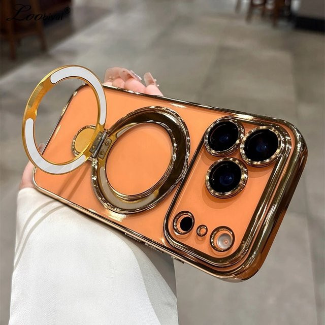 Loobival MagSafe Schutzhülle mit integriertem Ständer und Kamera-Schutzfolie für iPhone, transparent mit Plating-Effekt in Pink oder Orange - Bild 1