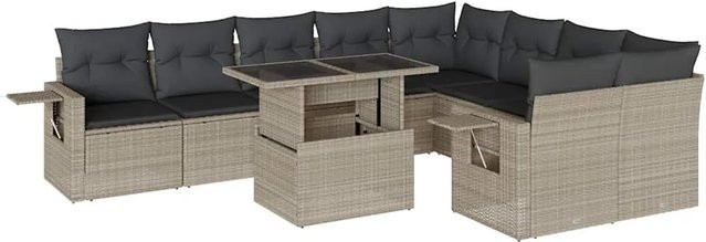 vidaXL 10-tlg. Garten-Sofagarnitur in L-Form aus Polyrattan mit Kissen, Hellgrau - Bild 1