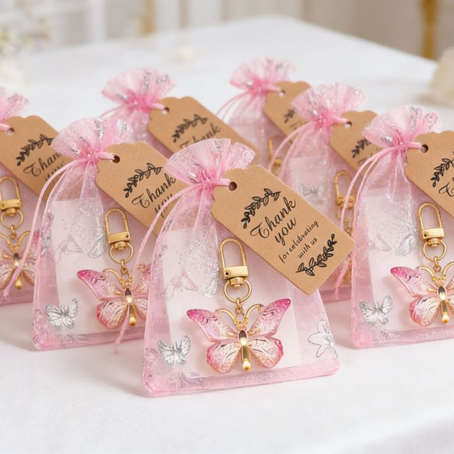 Qionehouse Schmetterling-Schlüsselanhänger mit Organza-Geschenktüten und Dankeskarten - Bild 1