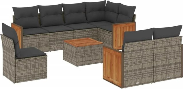 vidaXL 9-tlg Garten-Sofagarnitur L-Form aus Poly Rattan in Grau mit Kissen und Armlehnen - Bild 1