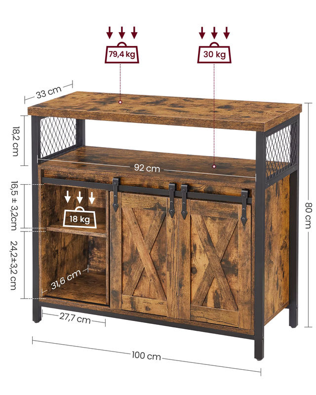 VASAGLE Sideboard Küchenschrank mit 2 Schiebetüren und verstellbaren Ablagen, Schwarz-Braun, B/T/H: 100 x 33 x 80 cm - Bild 2
