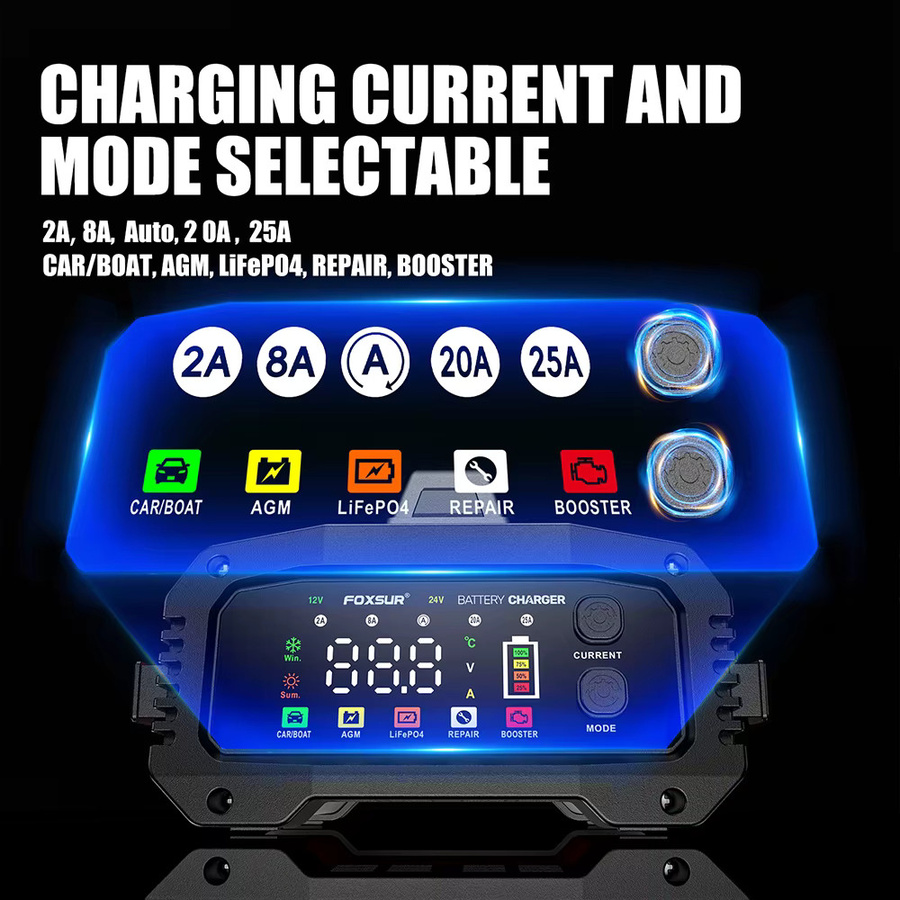 Smart Car Battery Charger Rot Tragbares Ladegerät und Booster für 12V-24V Motorrad Blei Säure AGM GEL LiFePo4 Batterien mit Puls Reparaturfunktion - Bild 2