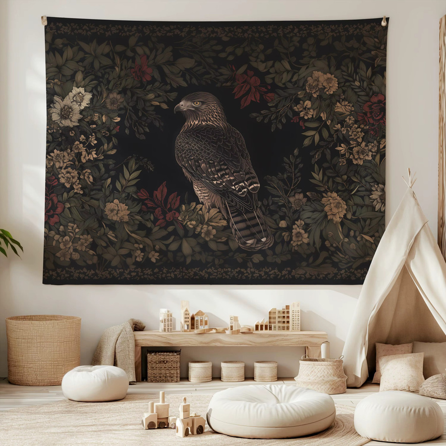 VIKAMA Wandteppich im Retro-Stil mit Adler, Falken und Blumen in Schwarz und Multicolour, Breite: 60 cm, Höhe: 40 cm - Bild 3