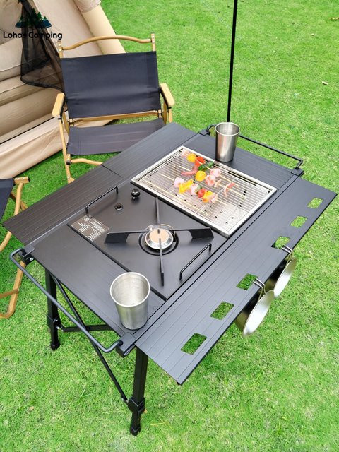 Lohascamping Klappbarer Camping-Tisch in Schwarz, Multifunktionaler Rucksack-Rolltisch mit verstellbarer Höhe und Metallgestell - Bild 1