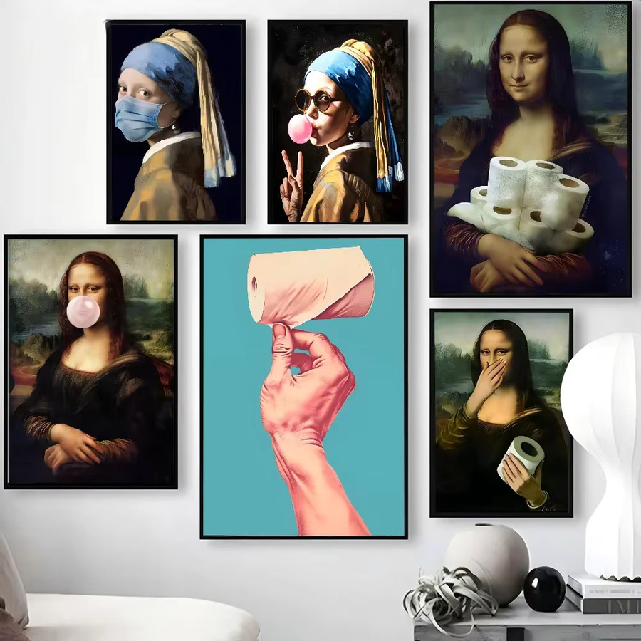 Lustiges Mona Lisa Poster mit Perlen und Toilettenpapier als Wanddekoration für dein Badezimmer aus Papier - Bild 2