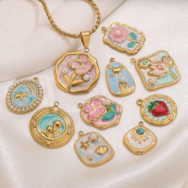 Aiovlo Charms Blumen Emaille, Edelstahl, Gold, 5 Stück - Bild 1