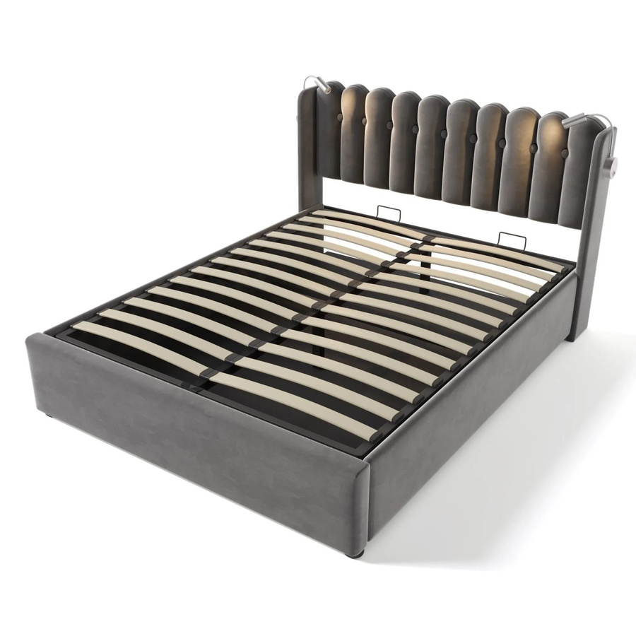 okwish Polsterbett Grau mit Leselicht, USB-Ladeanschluss und Stauraum, B/T/H: 140 x 200 x 145 cm - Bild 2
