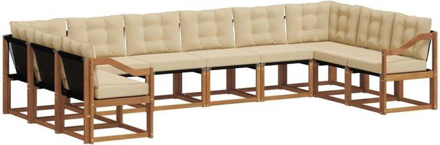 vidaXL Outdoor-Sofagarnitur aus Akazienholz in L-Form mit Textilene und Kissen, 10-teilig, Natur und Beige - Bild 1