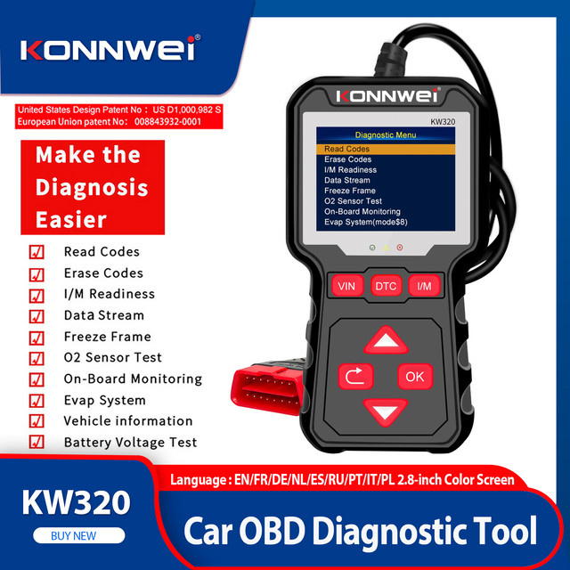 KONNWEI KW320 OBD2 EOBD Fehlerdiagnosegerät Auto-Scanner in Schwarz zum Lesen und Löschen von Codes für L/M Ready - Bild 1