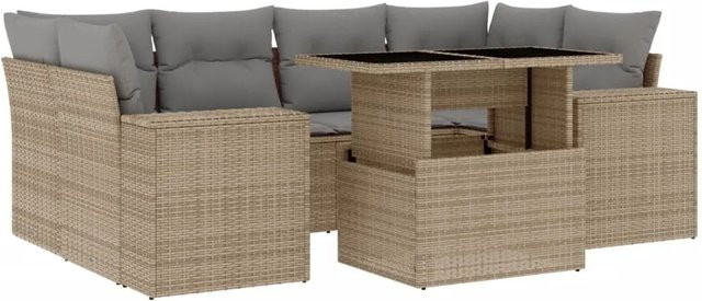 vidaXL 7-tlg Garten-Sofagarnitur in L-Form aus beigem Poly-Rattan mit wetterfesten Kissen und pulverbeschichtetem Stahlgestell - Bild 1