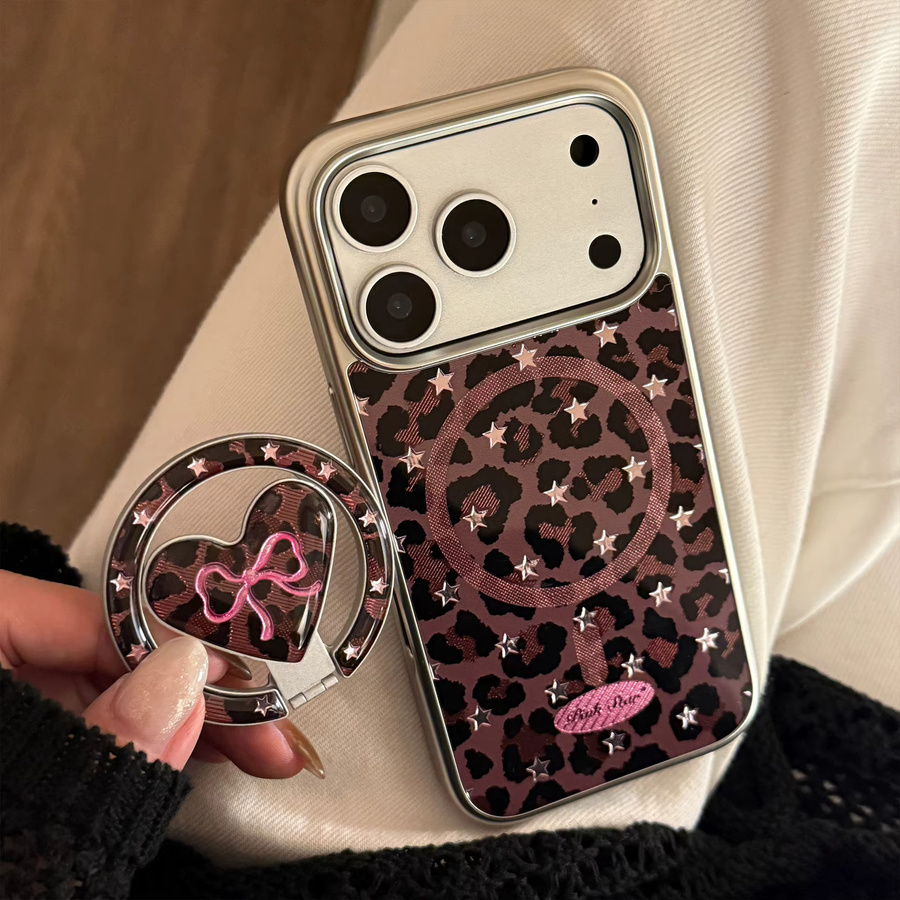 Apple iPhone Handyhülle mit koreanischem Leopardenmuster, Sternen und Falt-Herz-Design, stoßfeste Hartschale, multicolor, kompatibel mit iPhone 17 16 15 14 13 12 Pro Max - Bild 2