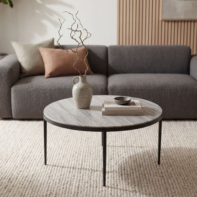 Runder Couchtisch von Finebuy mit Marmorplatte in Weiß und Grau und Metallgestell, Durchmesser: 70 cm - Bild 1