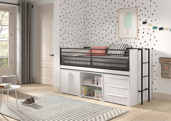 Vipack SAM halbhohes Bett in Weiß mit ausziehbarem Schreibtisch, Regal, 2-türiger Kommode und 3 Schubladen, Liegefläche 90 x 200 cm