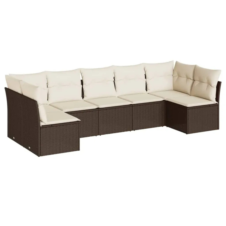 vidaXL 7-teilige Garten-Sofagarnitur in L-Form aus braunem Poly-Rattan mit cremeweißen Kissen und Stauraum - Bild 2