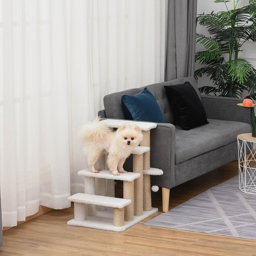 PawHut Haustiertreppe mit Kratzbaum für Katzen und Hunde, 4-stufige Treppe aus Spanplatte und Plüsch mit Jute, Weiß, B/T/H: 60 x 40 x 64 cm - Bild 2