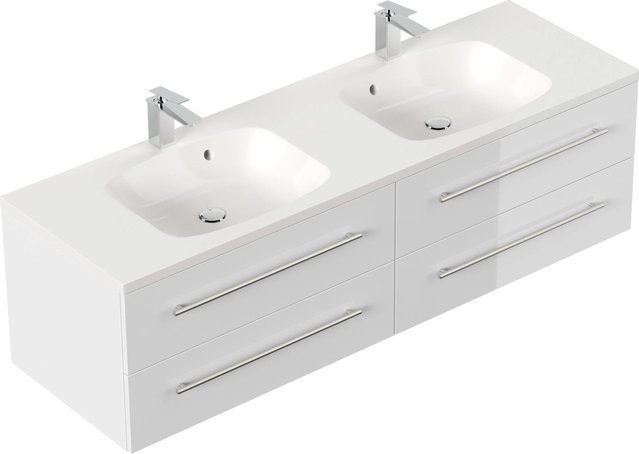Posseik Badmöbel Geant 160 Weiß Hochglanz mit Mineralguss-Waschtisch Breite: 160 cm, Tiefe: 49,6 cm, Höhe: 44 cm - Bild 1