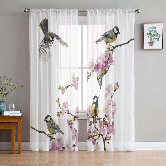 Oriole Transparente Vorhänge mit Pfirsichblüten- und Vogelmuster aus Organza, Farbe: Transparent/Weiß, B: 135 cm, H: 137 cm - Bild 1