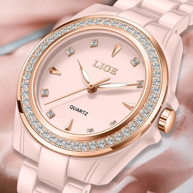 LIGE Armbanduhr Keramik, Quarz, Roségold, Damen, Leuchtend - Bild 1