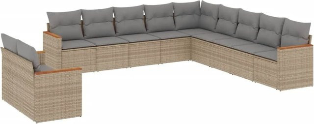 vidaXL 11-tlg. Garten-Sofagarnitur aus Poly-Rattan und Akazienholz in Beige mit Kissen und Stauraum - Bild 1