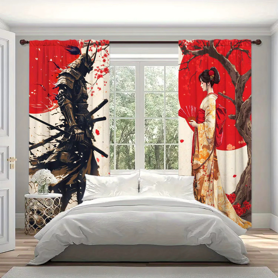 VIKAMA Japanische Samurai und Geisha Kirschblüten Halbverdunkelungsvorhänge mit Ösen, Mehrfarbig, Breite: 116 cm, Höhe: 53 cm - Bild 2