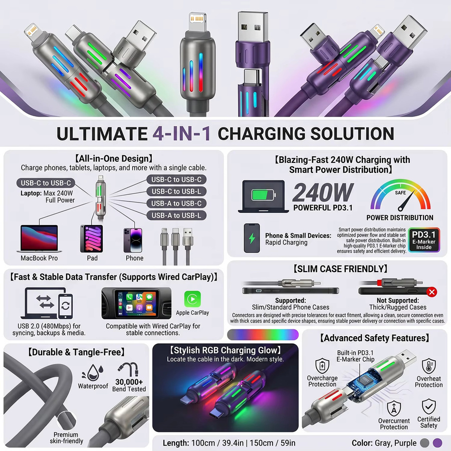 BESY 4-in-1 Silikon Datenkabel mit 240W Superschnellladefunktion USB Typ C PD in Lila - Bild 2