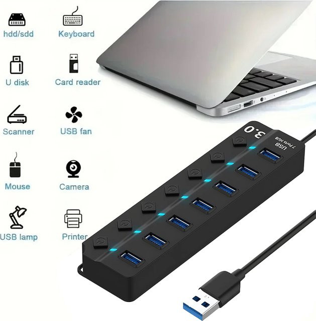 Fomscvka USB 3.0 Hub 7-Port Hochgeschwindigkeits-Splitter mit Schalter und Netzteil, Schwarz - Bild 1