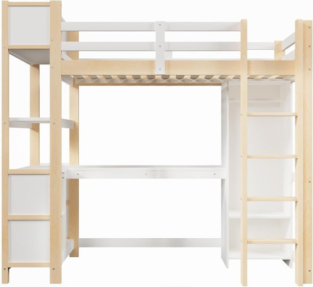 Hochbett für Kinder von WM Store DE aus Kiefer und MDF in Weiß, inklusive Sicherheitsgeländer und Seitenfächern, H x B x T: 232,5 x 100 x 189,5 cm - Bild 1