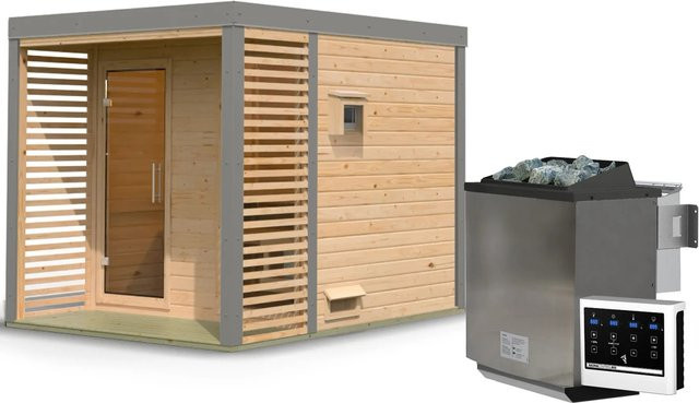 Karibu Saunahaus Seros Bio Log Cabin mit 9 kW Ofen in Naturbelassen und Graualuminium - Bild 1