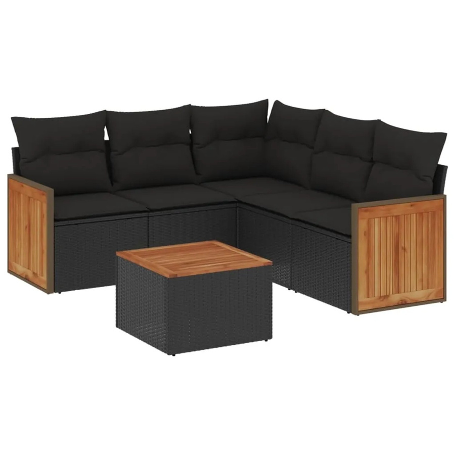 vidaXL 6-tlg Garten-Sofagarnitur in L-Form aus Polyrattan und Akazienholz mit Kissen, Schwarz - Bild 2