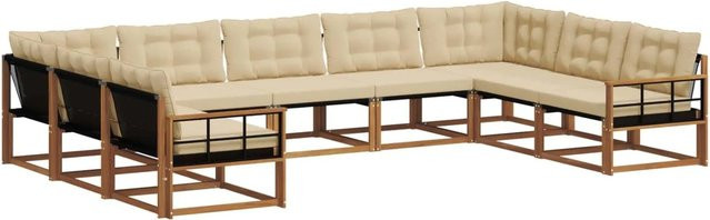 vidaXL Outdoor-Sofagarnitur 9-teilig in U-Form aus Akazienholz mit Textilene und Kissen, Natur-Beige - Bild 1