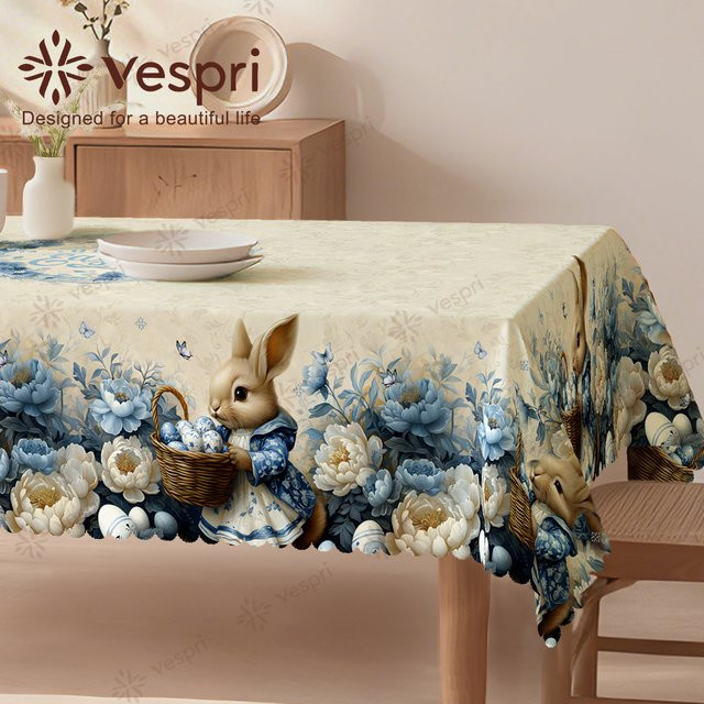 Vespri Oster-Tischdecke mit Hasen-, Blumen- und Schmetterlingsmotiven in Weiß und Blau, Rund, Durchmesser: 152,4 cm - Bild 1