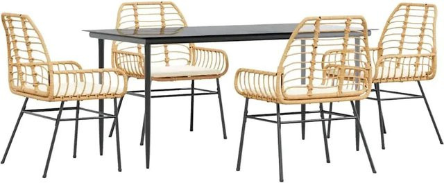 vidaXL 5-teilige Garten-Essgruppe aus Poly Rattan mit Glasplatte und Kissen in Braun und Cremeweiß - Bild 1