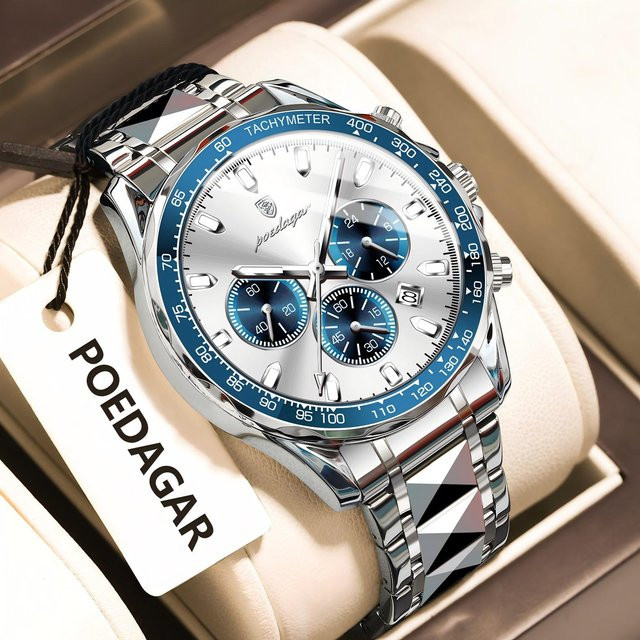 POEDAGAR Chronograph, Quarz, Edelstahl, Silber, Herren - Bild 1