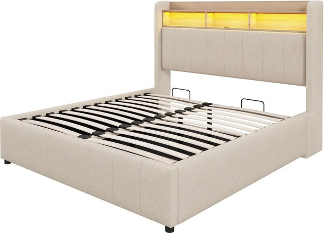 okwish Polsterbett Beige mit LED-Beleuchtung, USB-Ladeport und Stauraum, B/T/H: 160 x 200 x 111 cm - Bild 1