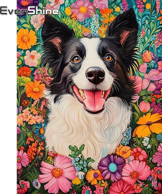 EverShine Diamant Mosaik Stickerei Hund mit Daisy Blumenmuster in Multicolour, B/H: 30 x 20 cm - Bild 1