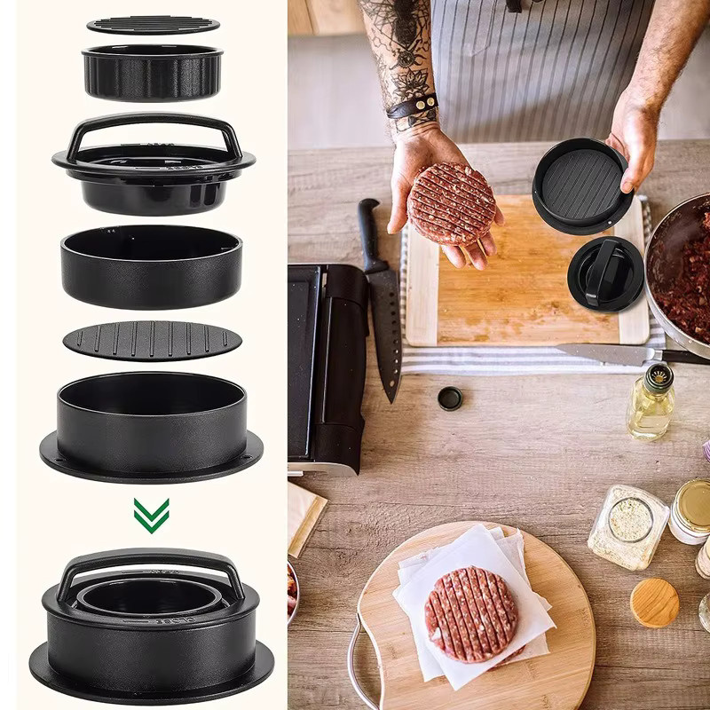 3-in-1 Hamburgerpresse aus Kunststoff für Rind-, Gemüse- und Slider-Patties, Schwarz, Rund - Bild 2