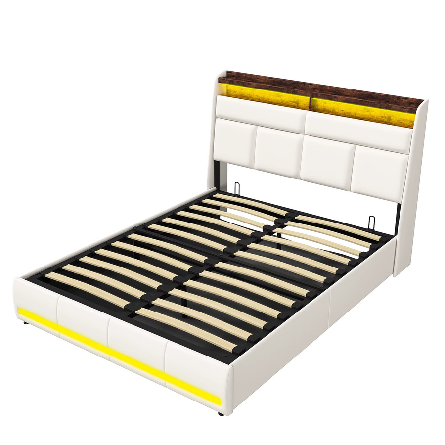 ROSAHQNDA Modernes Doppelbett mit LED-Lichtleiste, USB-Ladeports und hydraulischem Stauraum in Weiß, B/T: 140 x 200 cm - Bild 4