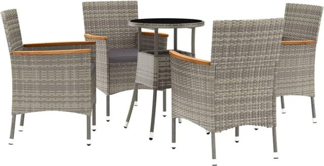 vidaXL 5-tlg Garten-Bistro-Set aus Poly Rattan und Akazienholz in Grau mit Kissen und Hartglas-Tischplatte - Bild 1