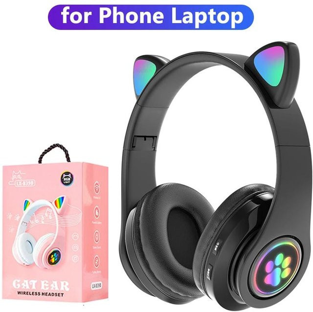 JQIQLY Bluetooth 5.0 Kopfhörer mit Katzenohren und RGB-Beleuchtung, kabellos und kabelgebunden, faltbar, Schwarz - Bild 1