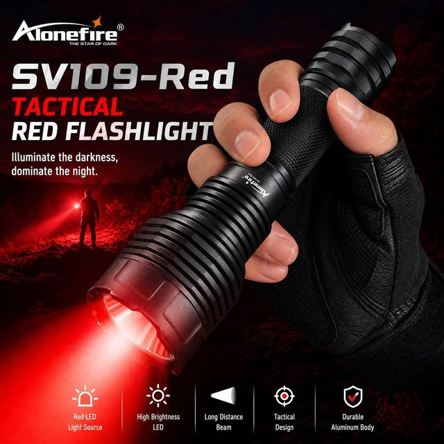 Alonefire Rotlicht-LED Hochleistungs-Taschenlampe aus Aluminium, wiederaufladbare Leuchte in Schwarz für Camping, Outdoor, Jagd und Sternenbeobachtung - Bild 1