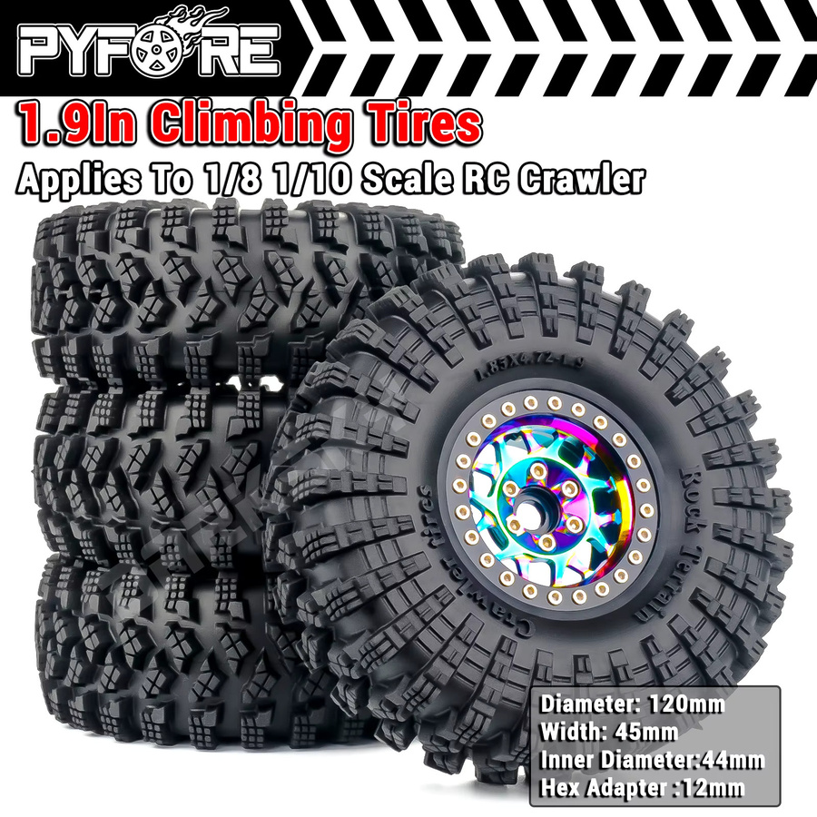 PYFORE Kletterreifen Metallradnabe, 1,9 Zoll, 120 x 45 mm, Sechskantadapter 12 mm, für 1/10 RC Modellauto Crawler Zubehör - Bild 2