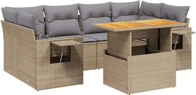 vidaXL 7-tlg Garten-Sofagarnitur aus Poly Rattan mit Kissen in Beige - Bild 1