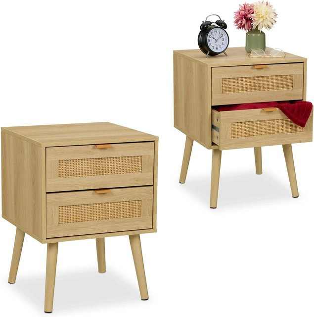 Relaxdays Nachttisch aus Kiefernholz und Rattangeflecht in Natur/Beige mit 2 Schubladen, B/T/H: 55 x 40 x 41,5 cm - Bild 1