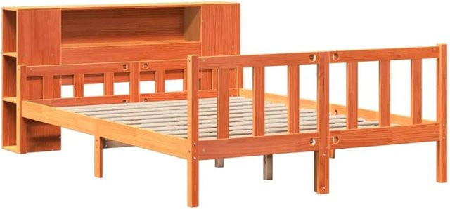 vidaXL Massivholzbett aus Kiefernholz mit Kopfteil und Regal in Braun, B/T/H: 150 x 200 cm - Bild 1