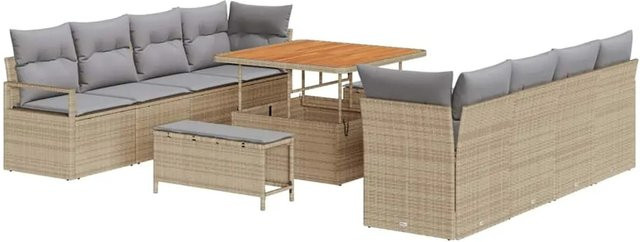 vidaXL 11-teiliges Garten-Sofa-Set aus Poly Rattan und Akazie mit Kissen in Beige und Grau - Bild 1