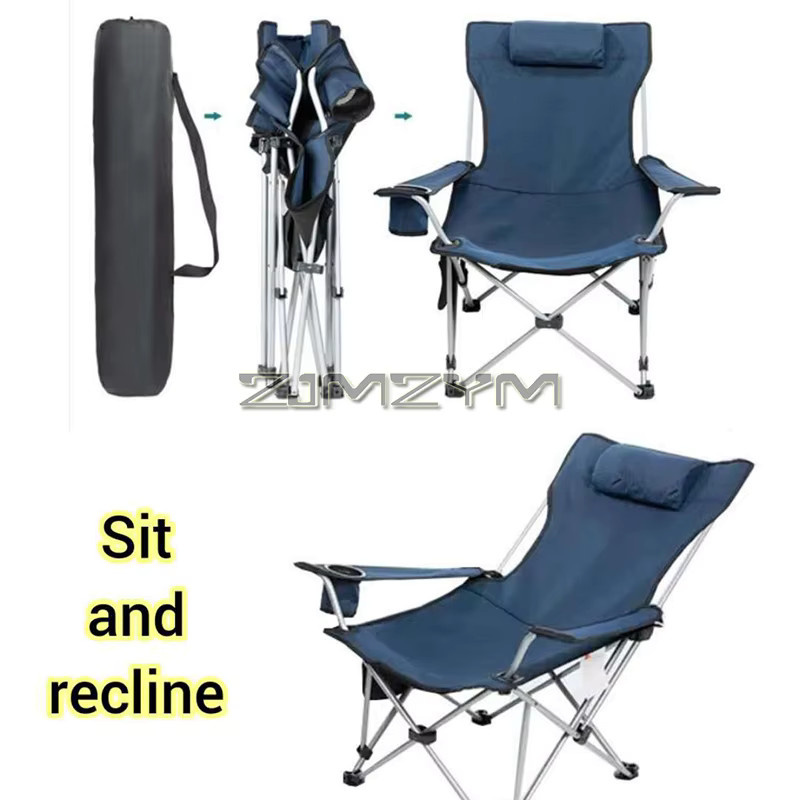 ZJMZYM Klappbarer Strand-Campingstuhl in Blau mit verstellbarer Kopfstütze, Armlehnen und Getränkehalter - Bild 1